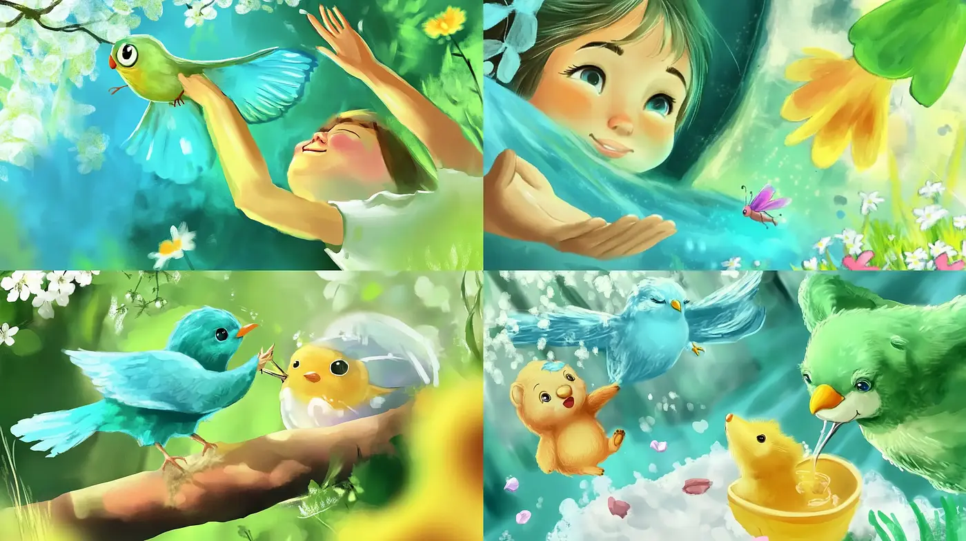 Enchanted Springtime Harmony: A Vivid and Whimsical Illustration Series - Midjourney sref style