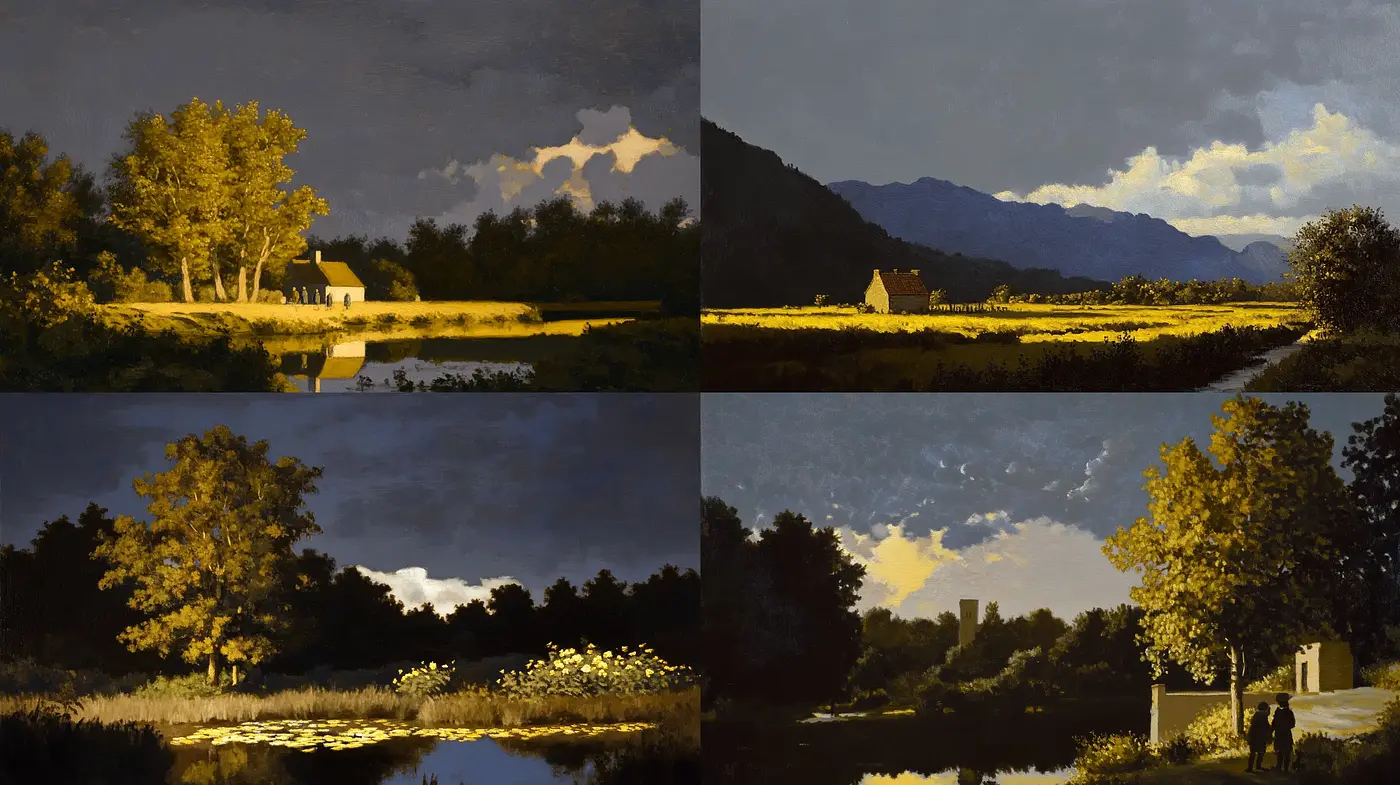 Twilight Serenity in Pastoral Landscapes: A Harmonious Blend of Warm Hues and Soft Textures - Midjourney sref style