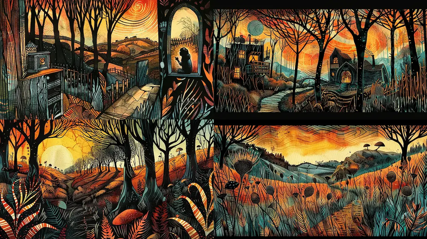 Whimsical and Surreal Landscapes with a Folk Art Influence - Midjourney sref style