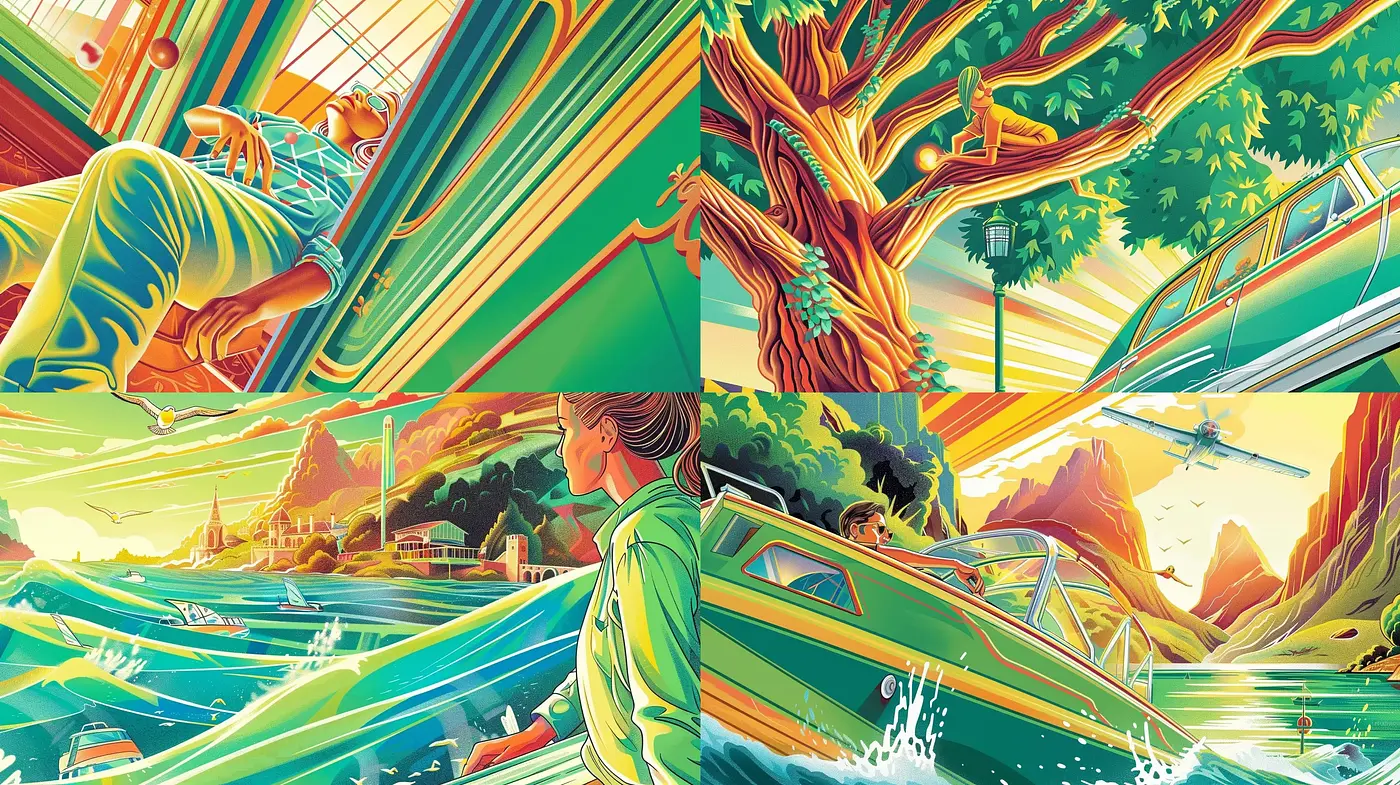 Vibrant Retro-Futurism in Dynamic Art Deco Revival - Midjourney sref style