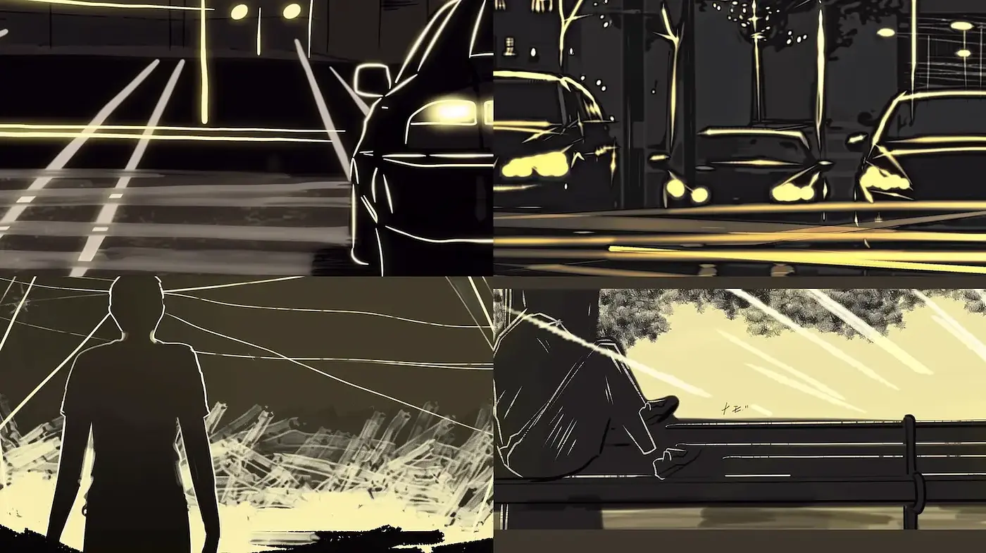 Moody Urban Landscapes with High Contrast and Dramatic Lighting - Midjourney sref style