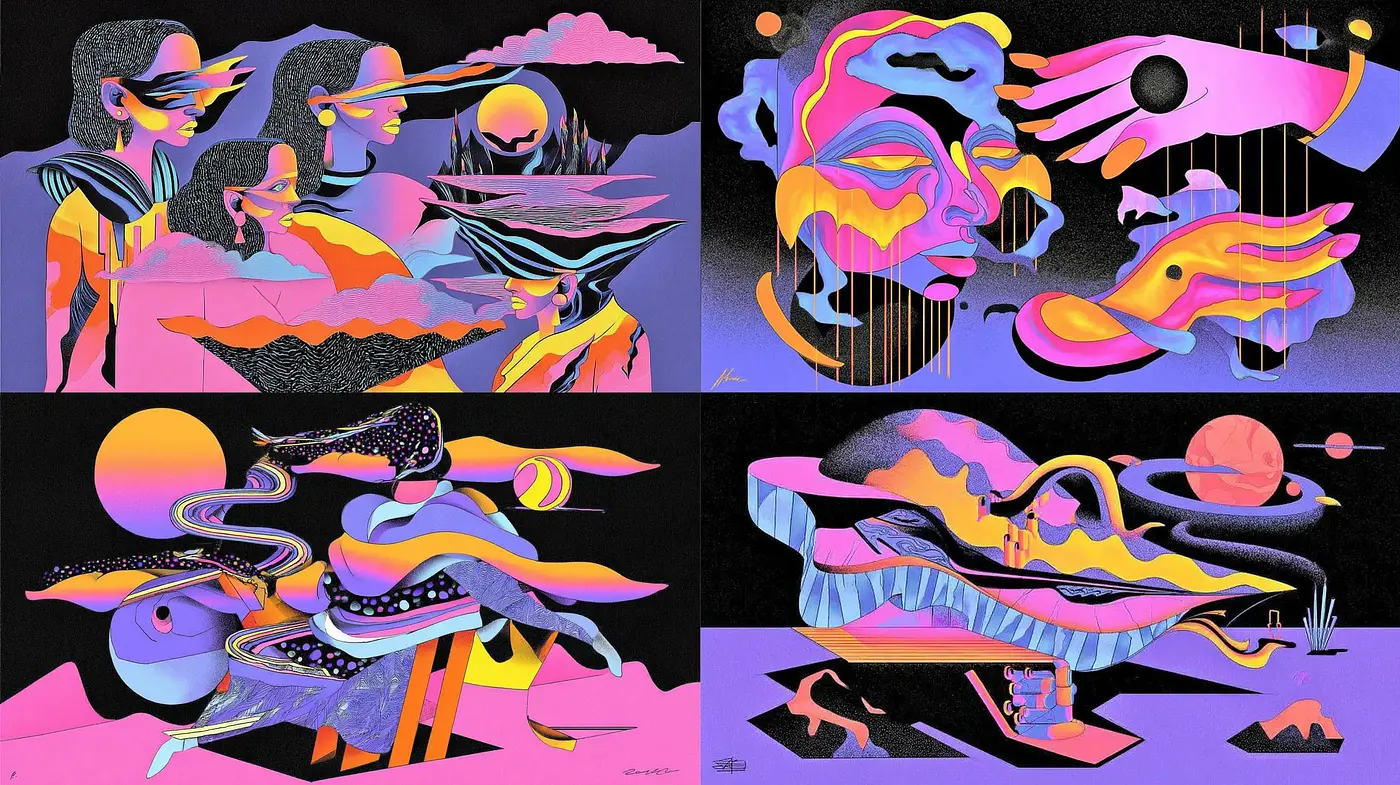 Vibrant Surrealism with Bold Color Contrasts and Geometric Patterns - Midjourney sref style