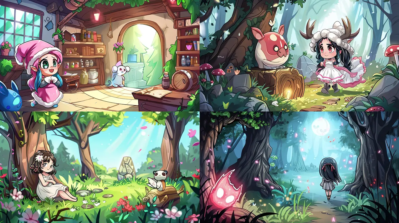 Enchanting Storybook Illustration with Vibrant Palette and Whimsical Characters - Midjourney sref style