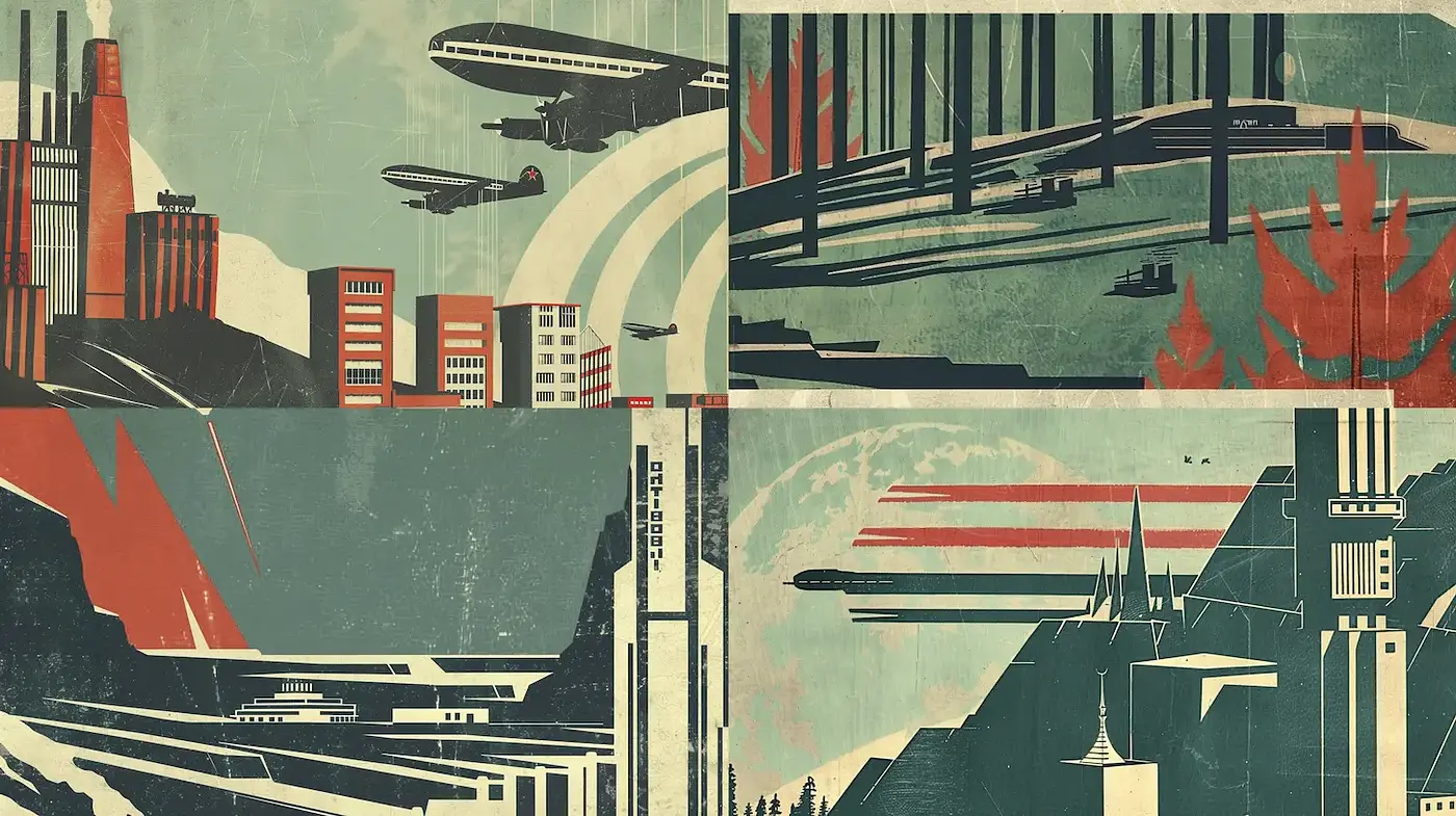 Futuristic Retro Aesthetic with Geometric Elements and Textural Depth - Midjourney sref style