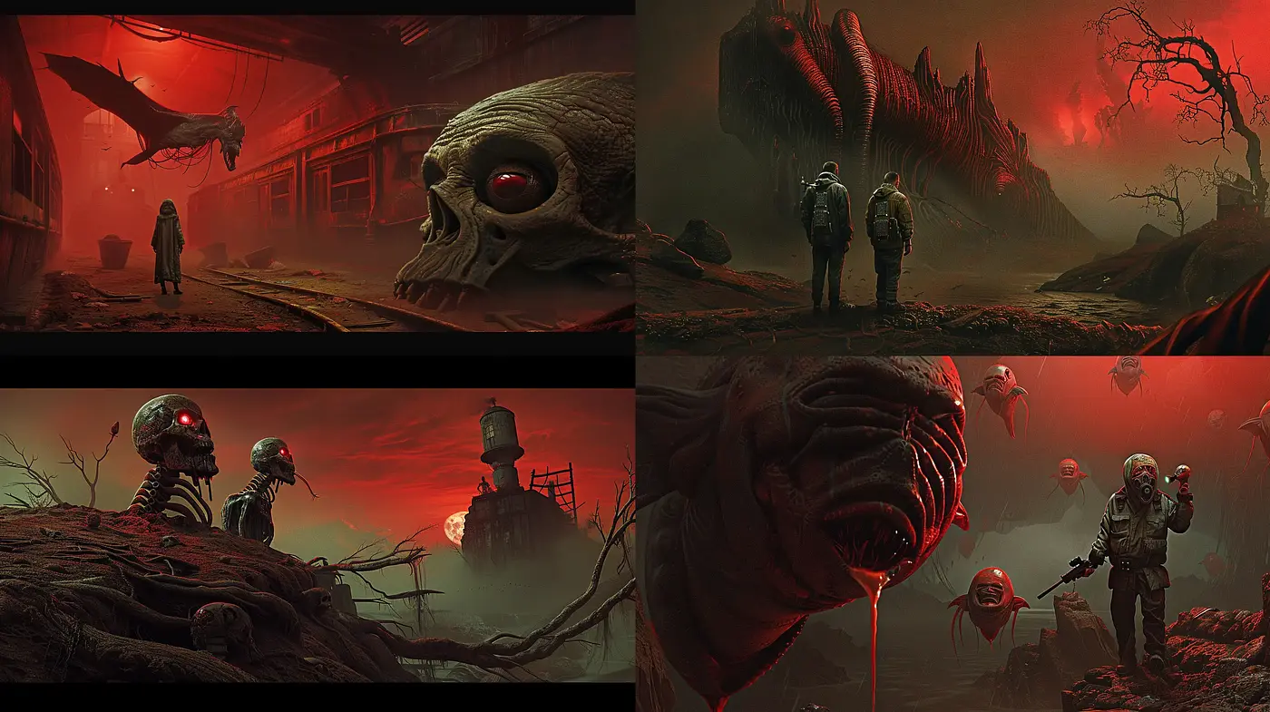 Dystopian Eclipse: A Haunting Vision in Crimson and Shadow - Midjourney sref style
