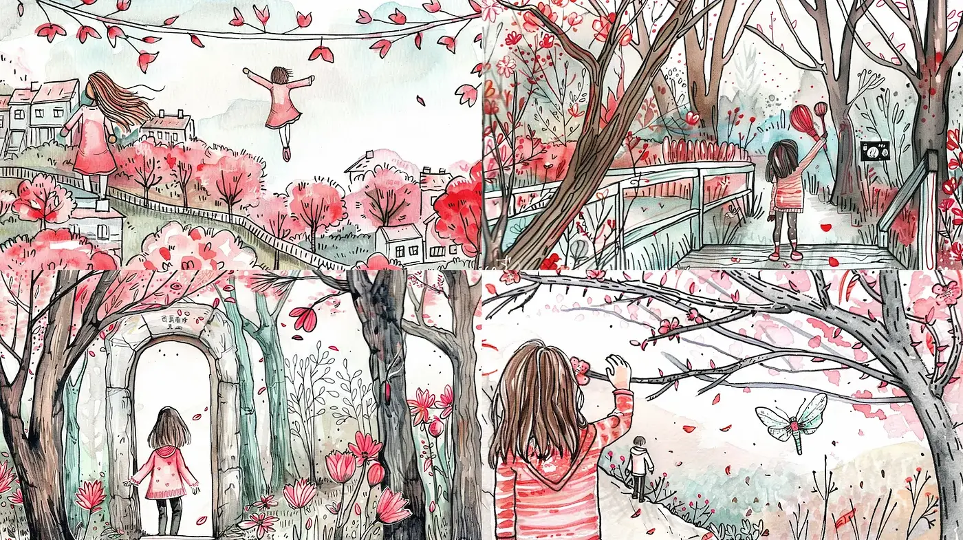Charming whimsical illustrations with serene storytelling - Midjourney sref style