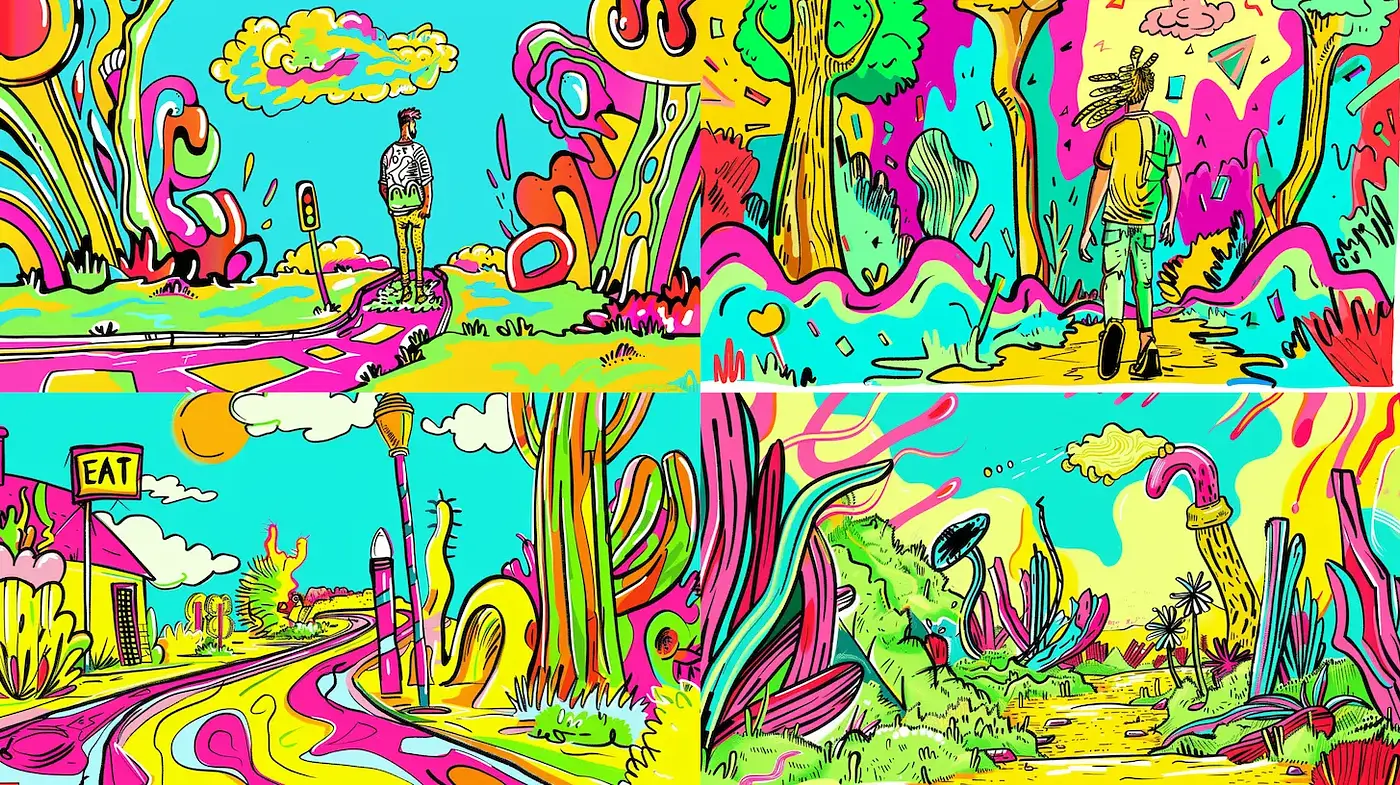 Vibrant Psychedelic Landscapes with Abstract Forms and a Playful Atmosphere - Midjourney sref style