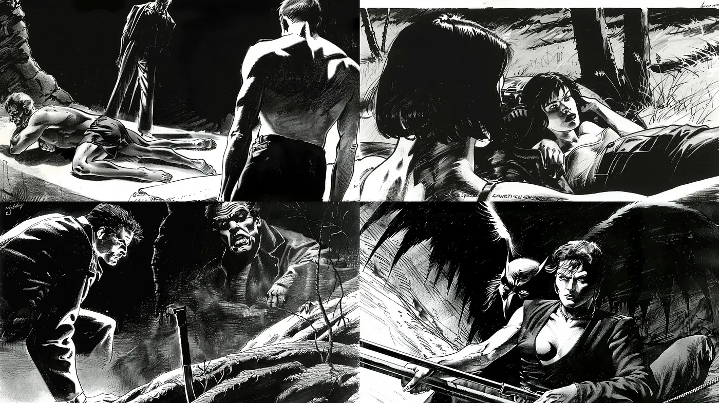 Nocturne Narratives: A Homage to Frank Miller's Sin City Graphic Novels - Midjourney sref style