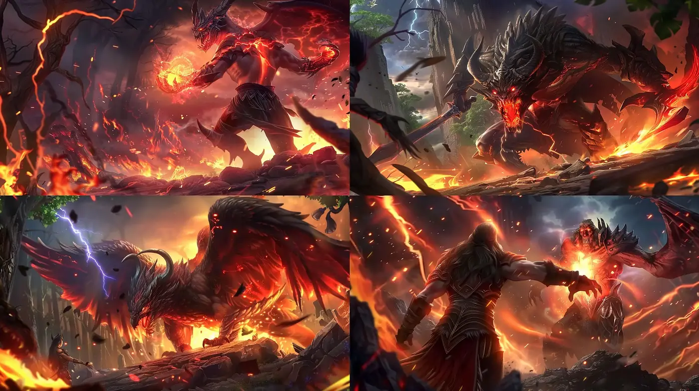 Epic Fantastical Battle Scenes Drenched in Fiery Tones and Atmospheric Hues - Midjourney sref style
