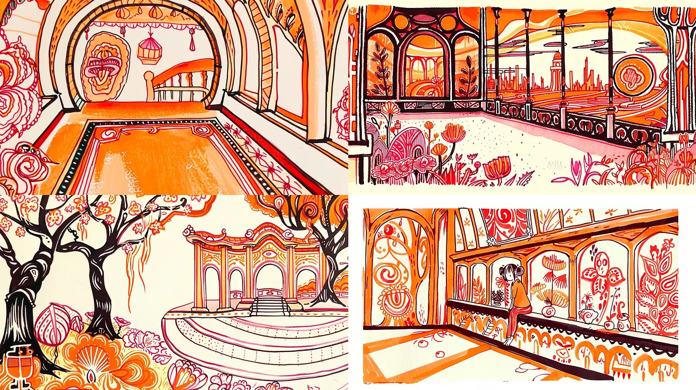 Warm-Toned Whimsical Vistas: A Consistent Exploration of Stylized Landscapes and Architectural Forms - Midjourney sref style