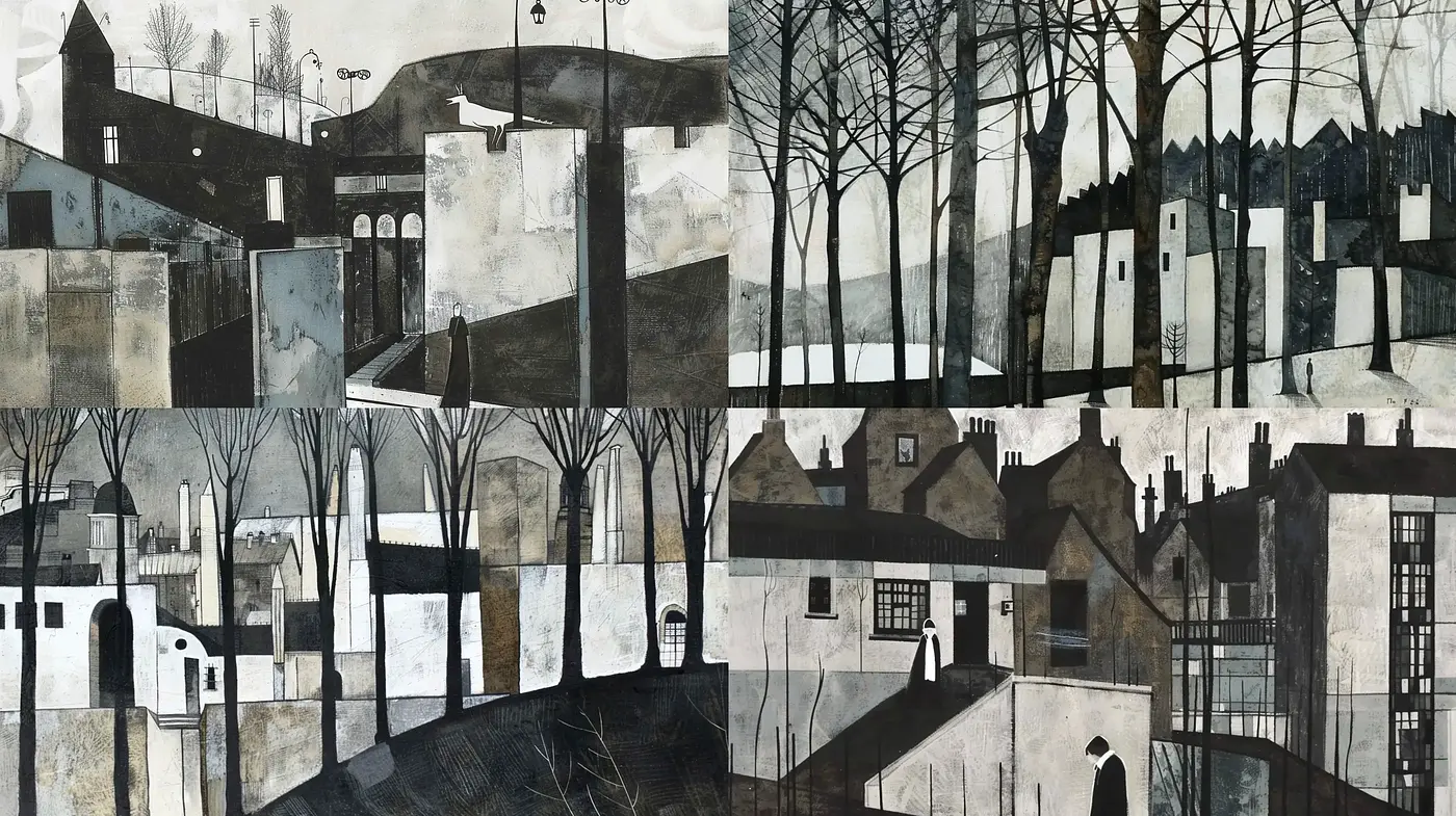 Monochromatic Townscapes with Stylized Architectural Forms - Midjourney sref style