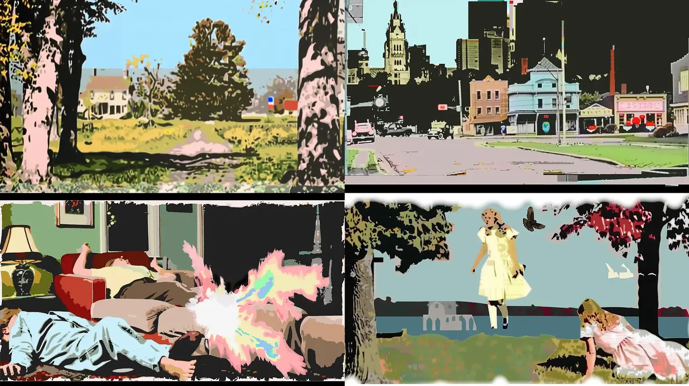 Stylized Retro Urban and Domestic Scenes with Vivid Overtones - Midjourney sref style