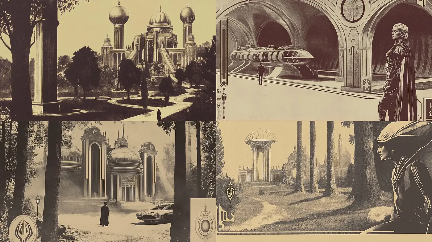 Sepia-Toned Architectural Elegance with a Retrofuturistic Essence - Midjourney sref style