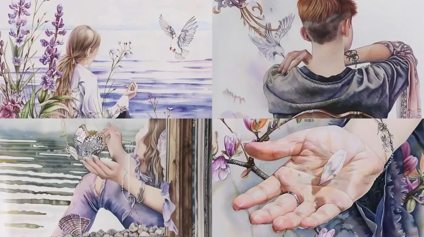 Delicate watercolors showcasing serene moments of connection with nature - Midjourney sref style