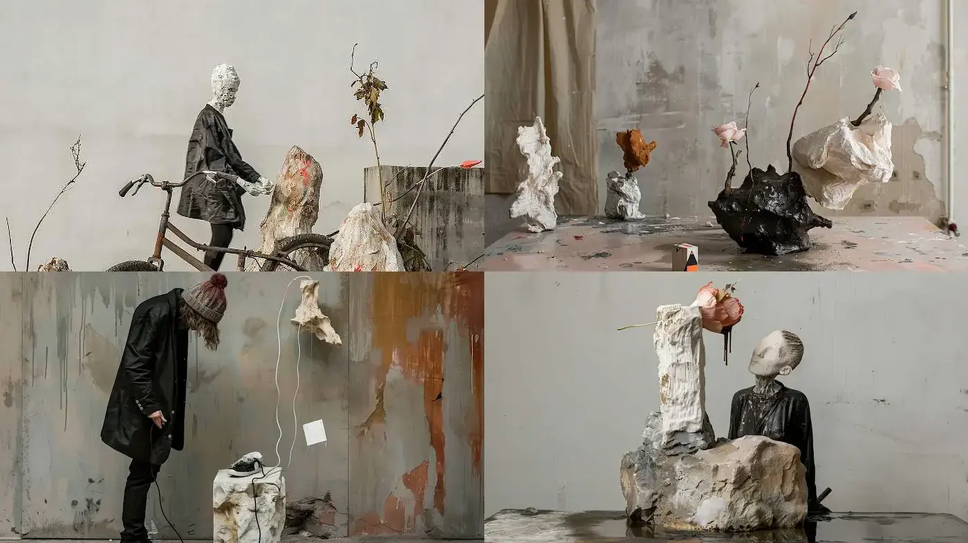 Ethereal Decay of Time - A Canvas of Worn Elegance and Abstracted Forms - Midjourney sref style