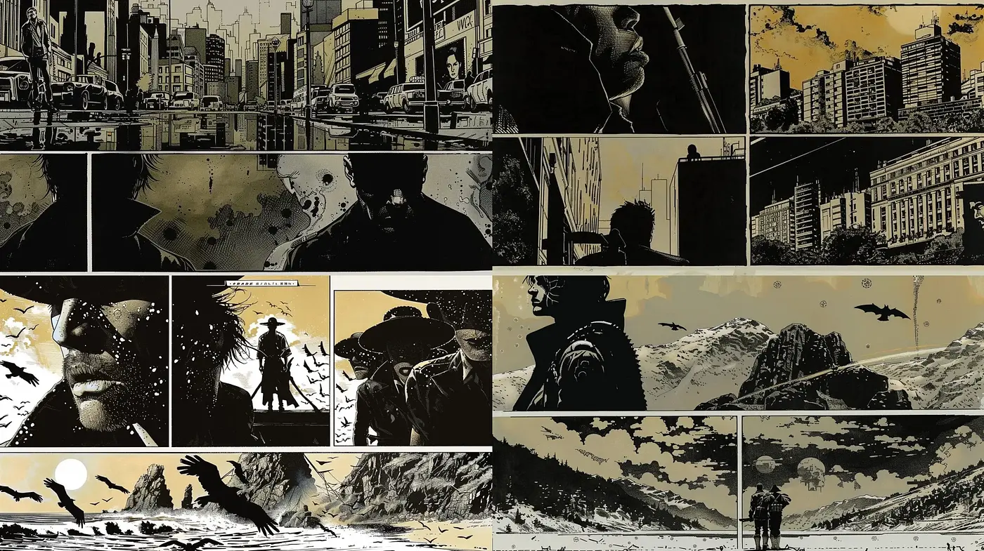 Noir-Inspired Graphic Novel Aesthetic with Sepia Overtones - Midjourney sref style