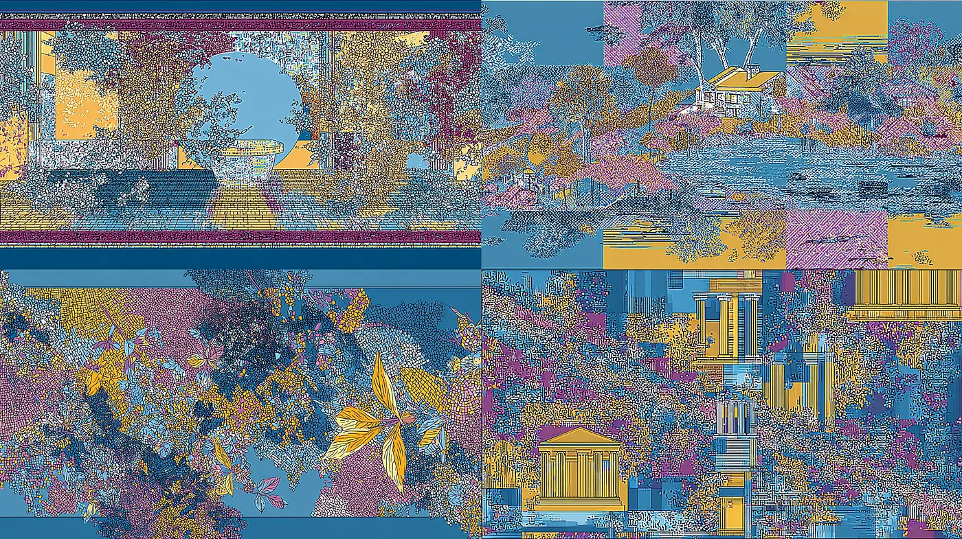Vibrant and Textured Landscape Interwoven with Architectural Elements - Midjourney sref style
