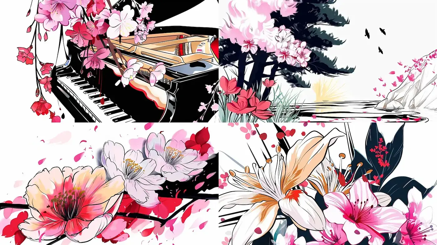 Blooming Melodies in Stylized Contrast - Midjourney sref style
