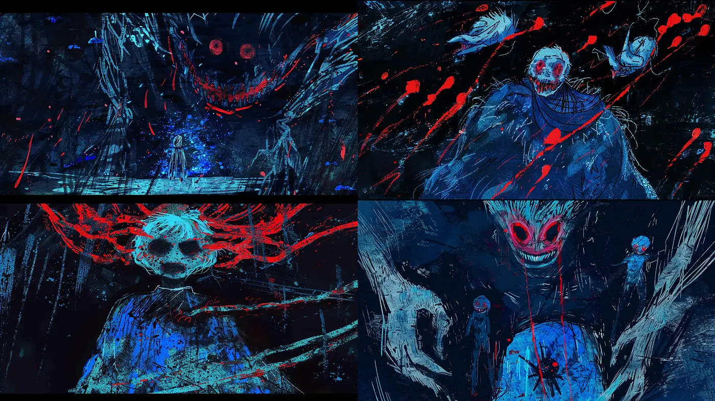 Ethereal Nocturne: Splintered Visions in Red and Blue - Midjourney sref style