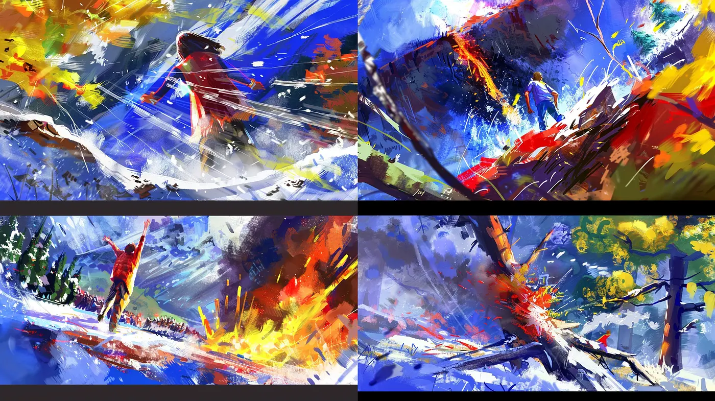 Dynamic Brushstroke Symphony in Blue and Fiery Hues - Midjourney sref style