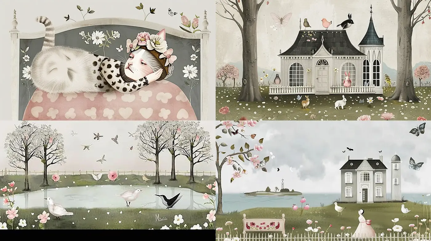 Whimsical Pastoral Dreamscapes with a Touch of Serenity - Midjourney sref style