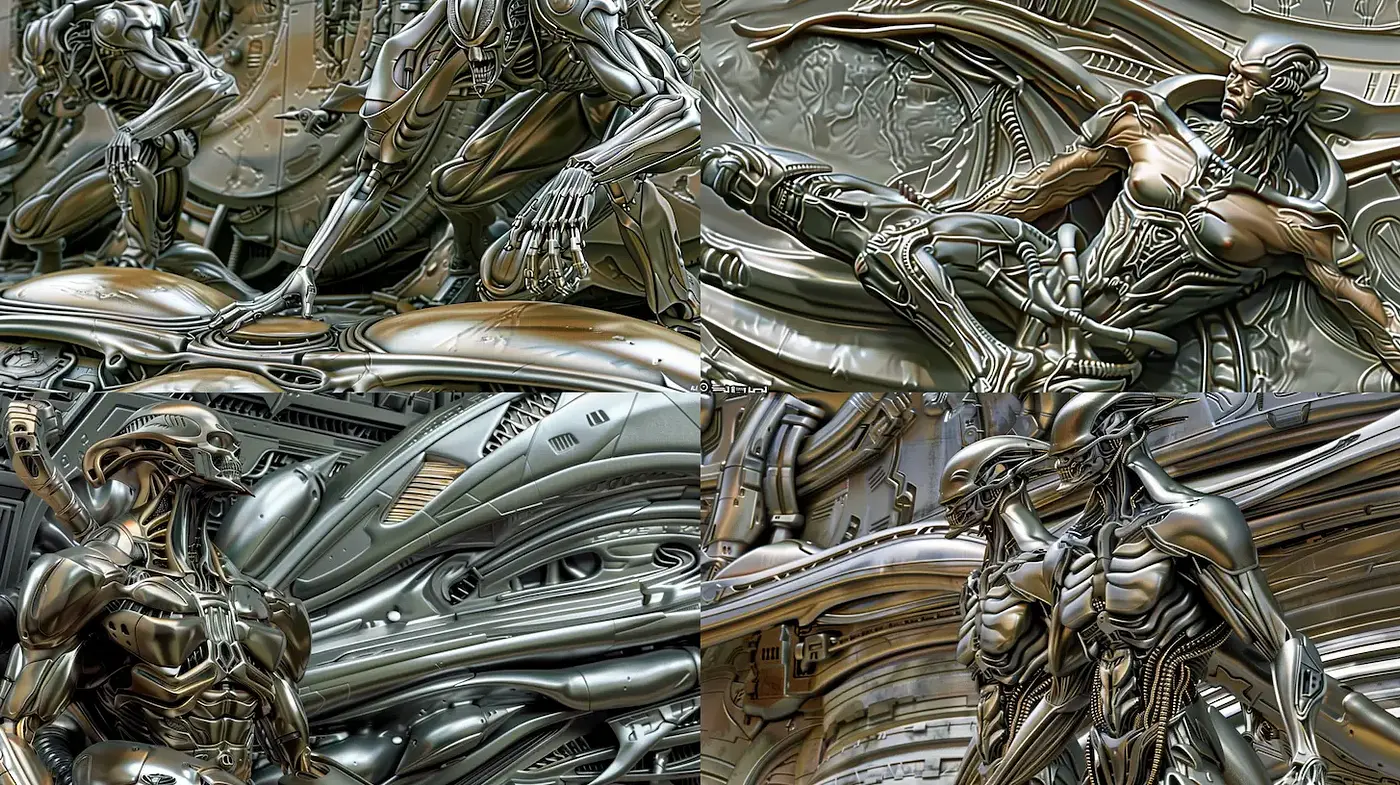 Futuristic metallic sculptures with intricate detailing - Midjourney sref style