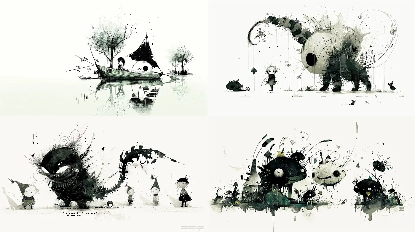 Monochromatic Whimsy: Abstract Shapes in Washed-Out Watercolors - Midjourney sref style