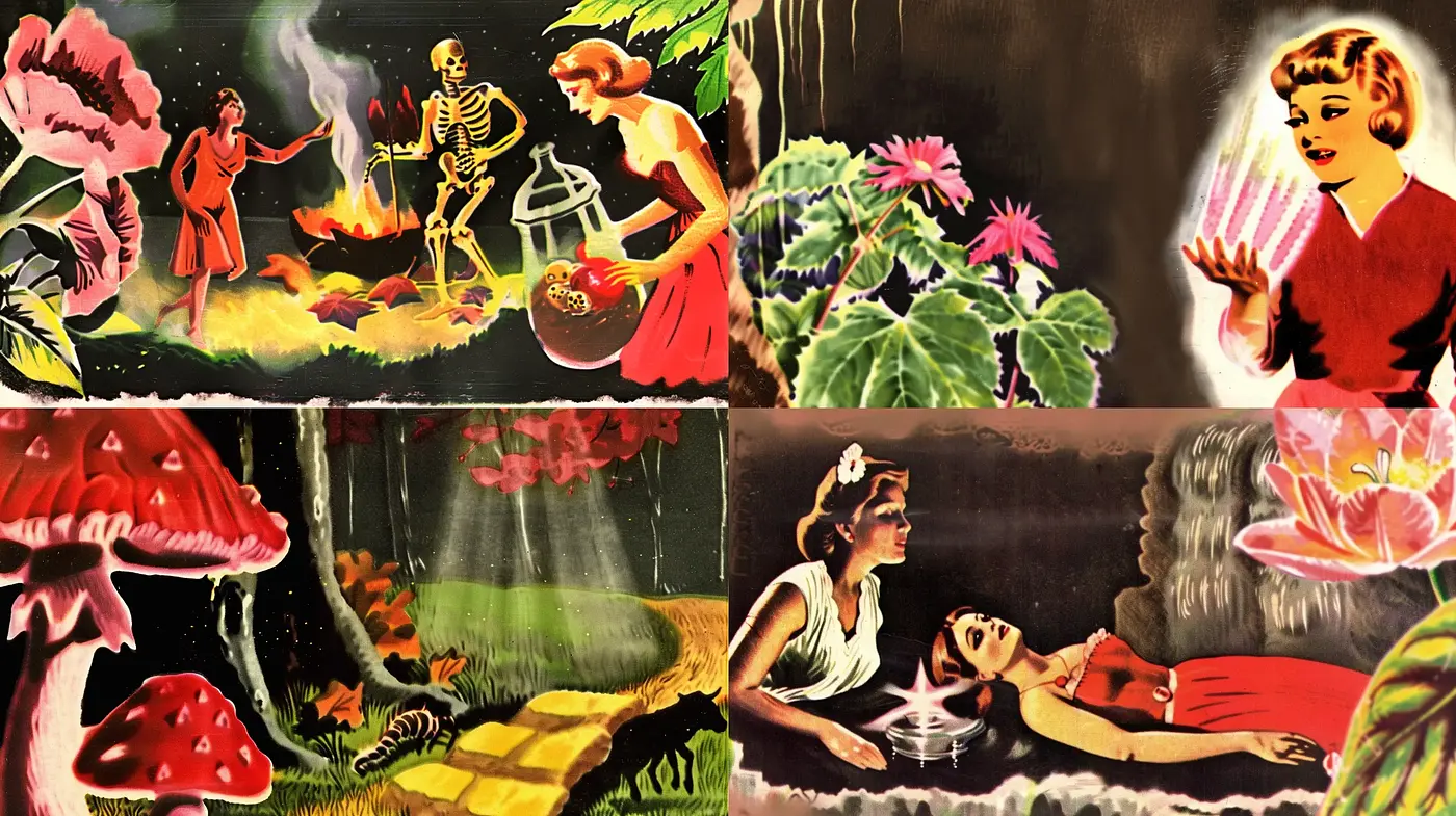 Enchanted Retro Twilight: A Homage to Mid-Century Illustrative Visions - Midjourney sref style