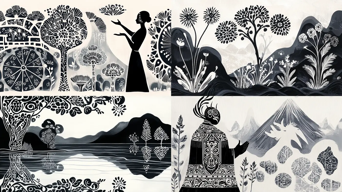 Monochromatic Botanical Illustration with Folk Art Influence - Midjourney sref style