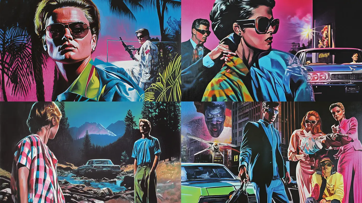 Neon-Noir Retrofuturism with a Synthwave Essence - Midjourney sref style