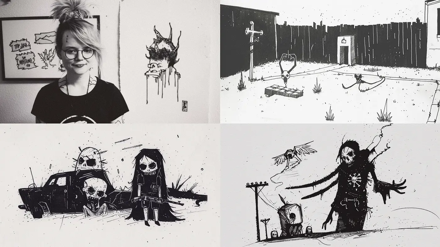 Monochromatic Tales from a Darkly Whimsical Inkworld - Midjourney sref style