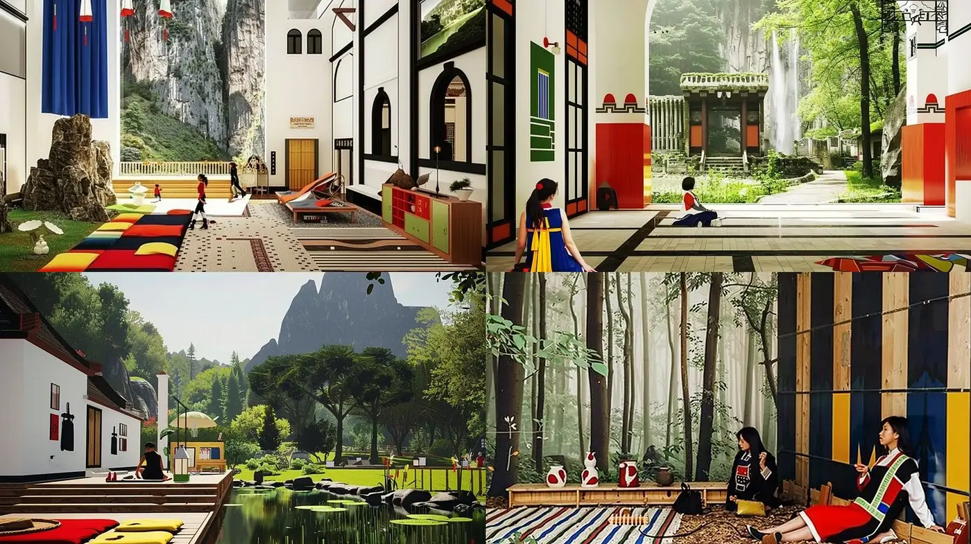 Contemporary Fusion with Vivid Color Contrast and Geometric Forms - Midjourney sref style