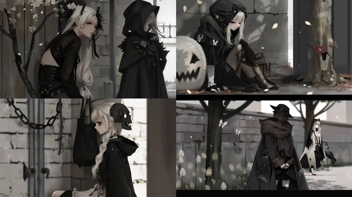 Whimsical Gothic Harmony: A Blend of Modern Anime and Dark Victorian Fantasy - Midjourney sref style