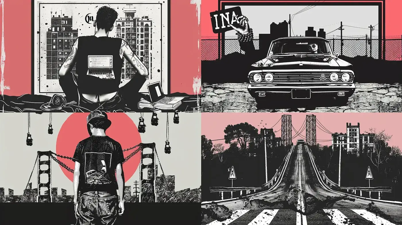 Urban-inspired monochromatic illustrations with vintage nostalgic flair - Midjourney sref style