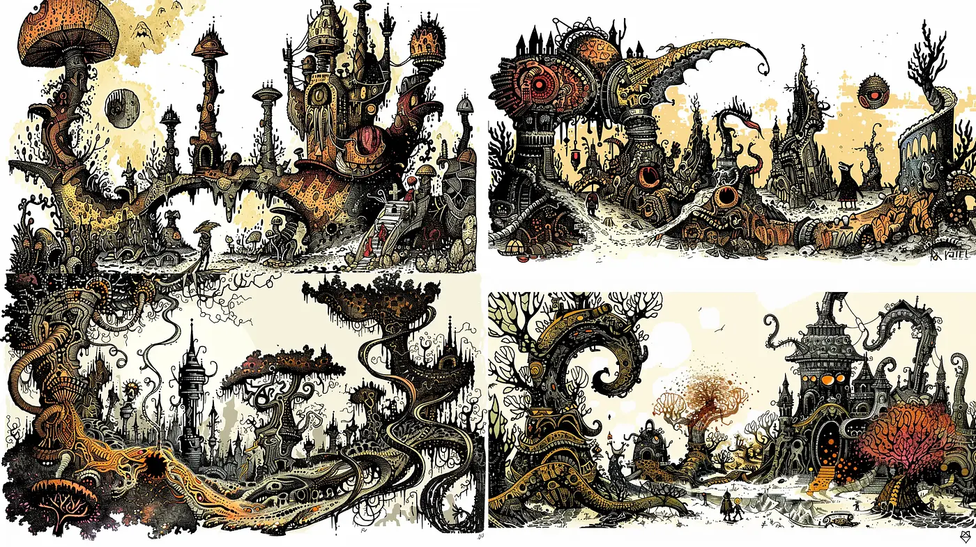 Surreal Mythoscape Fusion with Antique Sepia Overtones - Midjourney sref style