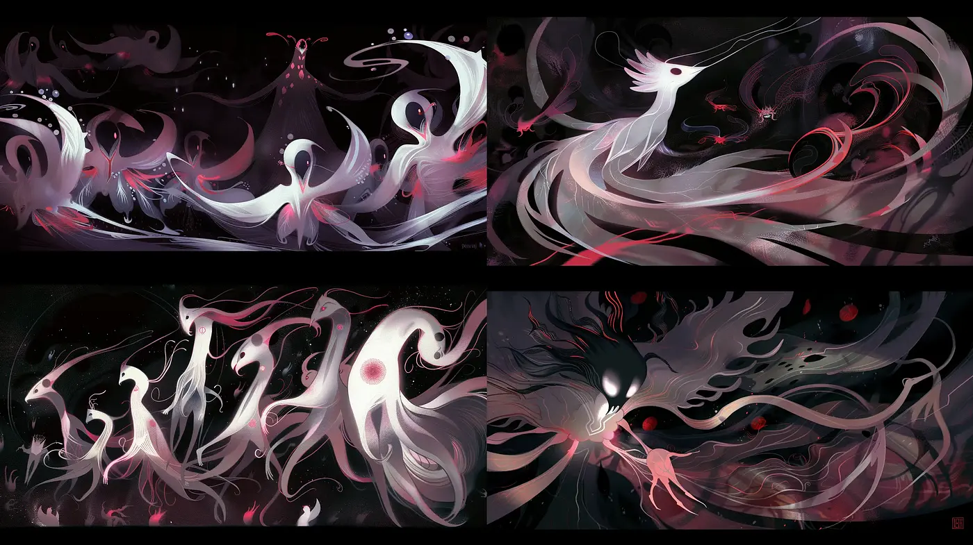 Ethereal Phantasmagoria: A Dance of Ghostly Silhouettes - Midjourney sref style