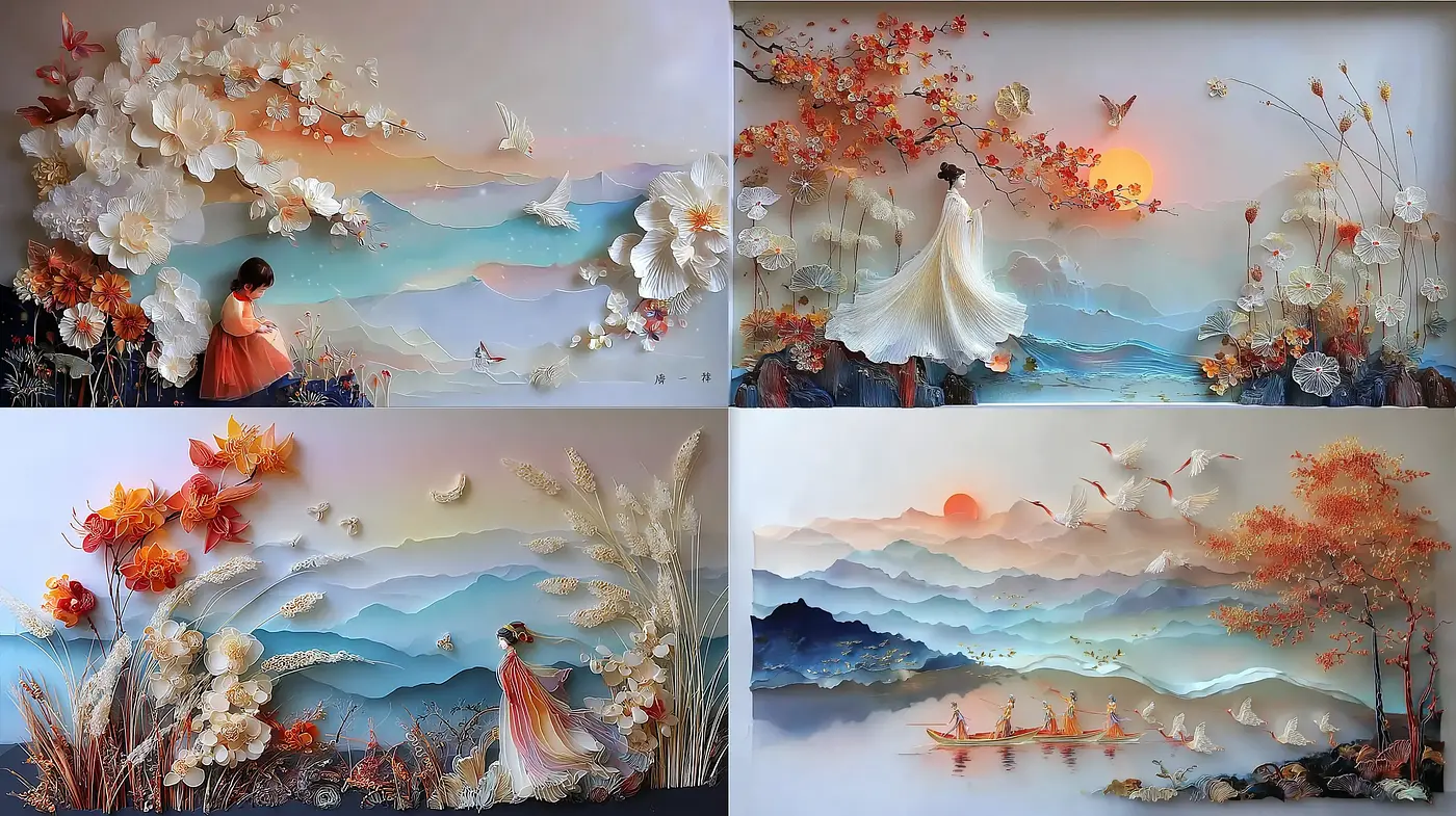 Textured layers of serene landscapes with delicate floral elements - Midjourney sref style