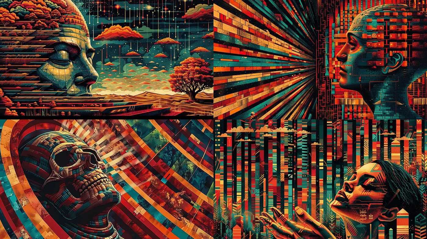 Futuristic Retro-Fusion Visions with Vivid Chromatic Complexity - Midjourney sref style