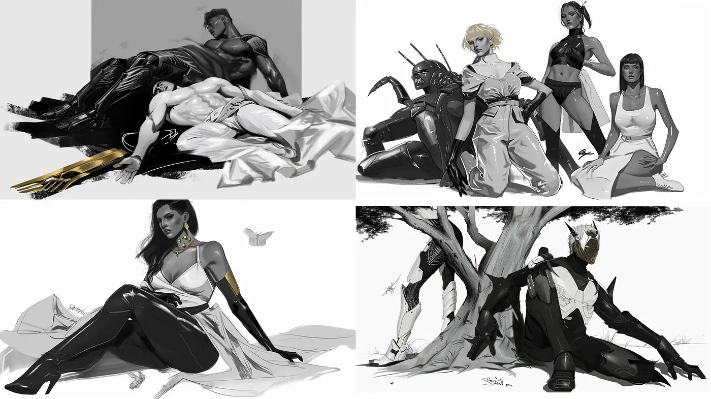 Monochromatic Elegance in Dynamic Digital Brushwork - Midjourney sref style