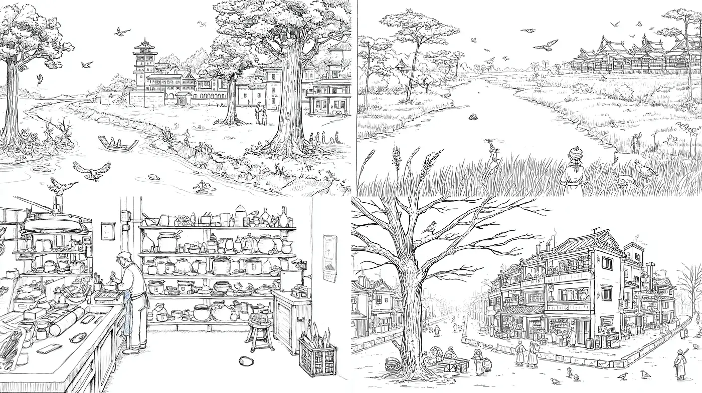 Intricate Line Art with a Sense of Serenity and History - Midjourney sref style