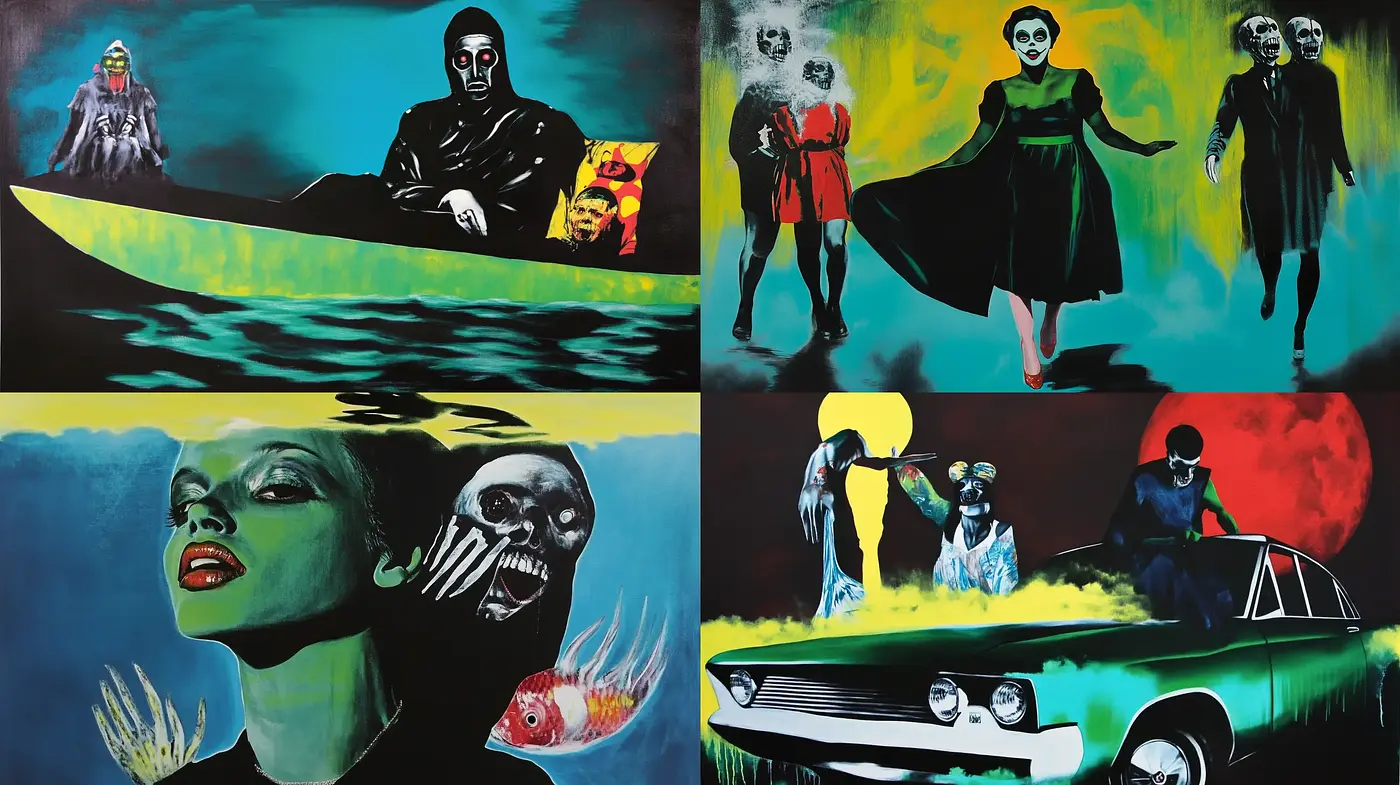 Eerie Pop Surrealism with Vibrant Contrasts and Cinematic Undertones - Midjourney sref style