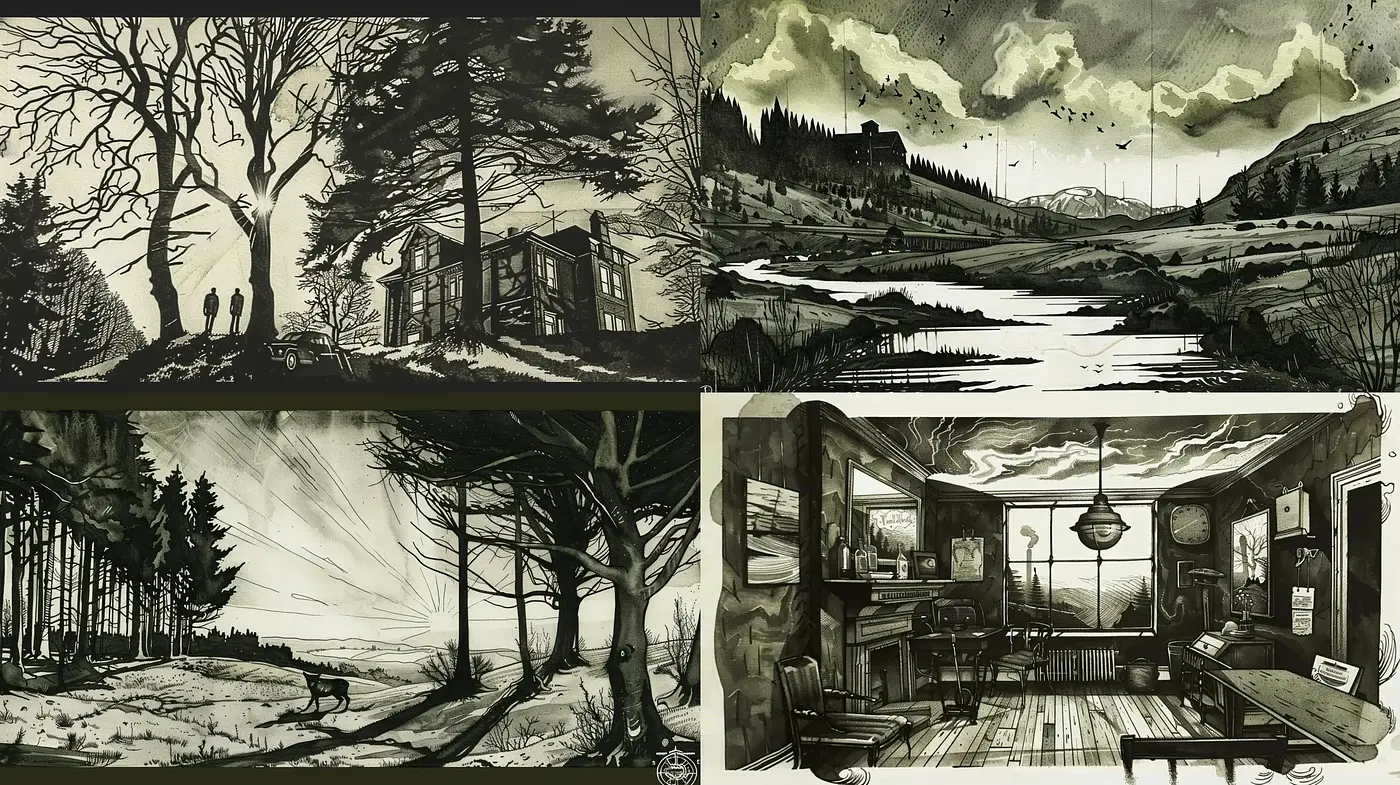 Monochromatic Ink Wash Landscape and Interior Visions - Midjourney sref style