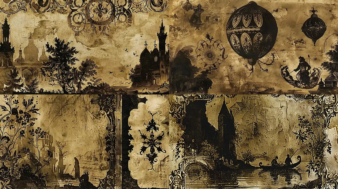 Aged Parchment Chronicles: A Tapestry of Vintage Visions and Faded Memories - Midjourney sref style