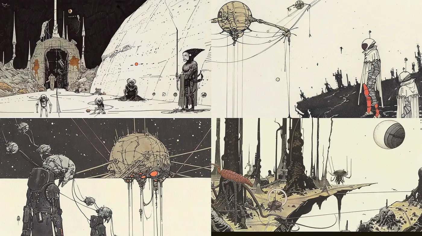 Dystopian Futurism with a Vintage Sci-fi Illustration Touch - Midjourney sref style