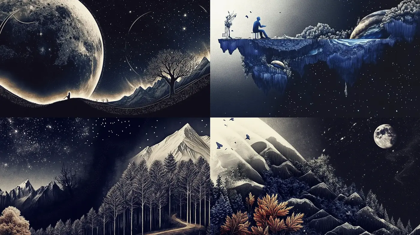 Ethereal Nocturnal Dreamscape in Chromatic Blues - Midjourney sref style