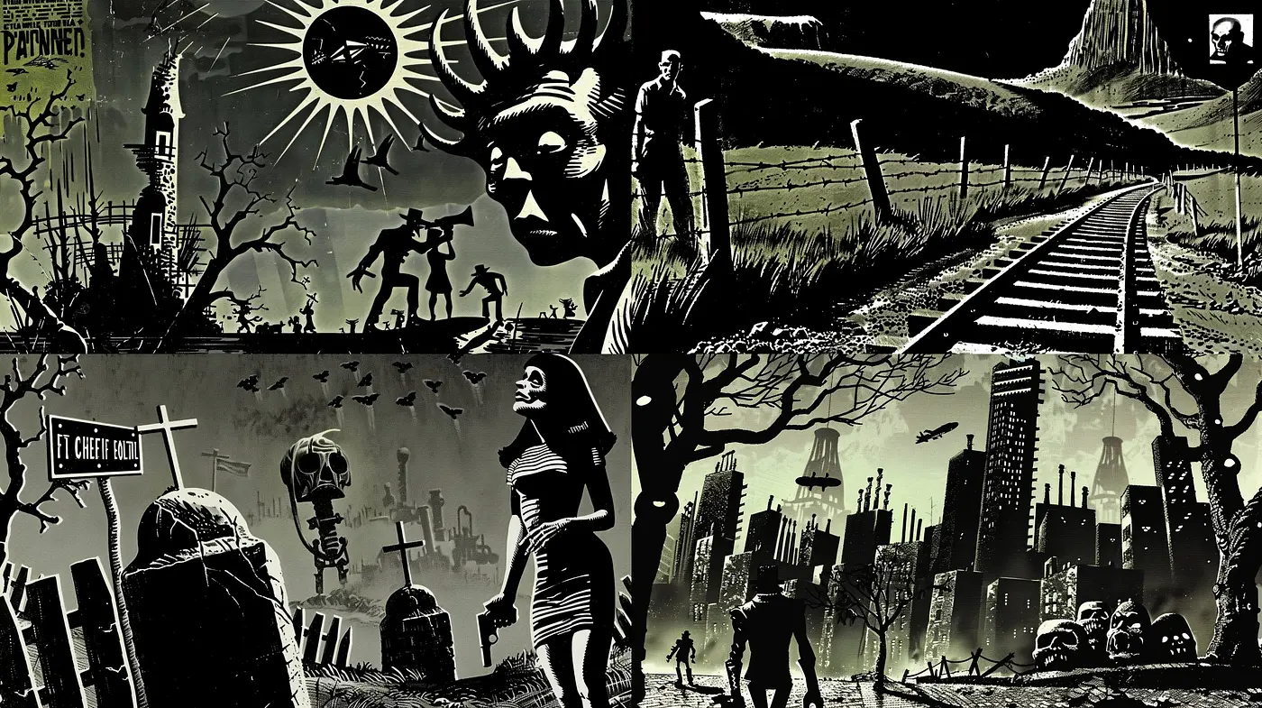 Noir-Inspired Monochromatic Panorama of Stylized Vignettes - Midjourney sref style