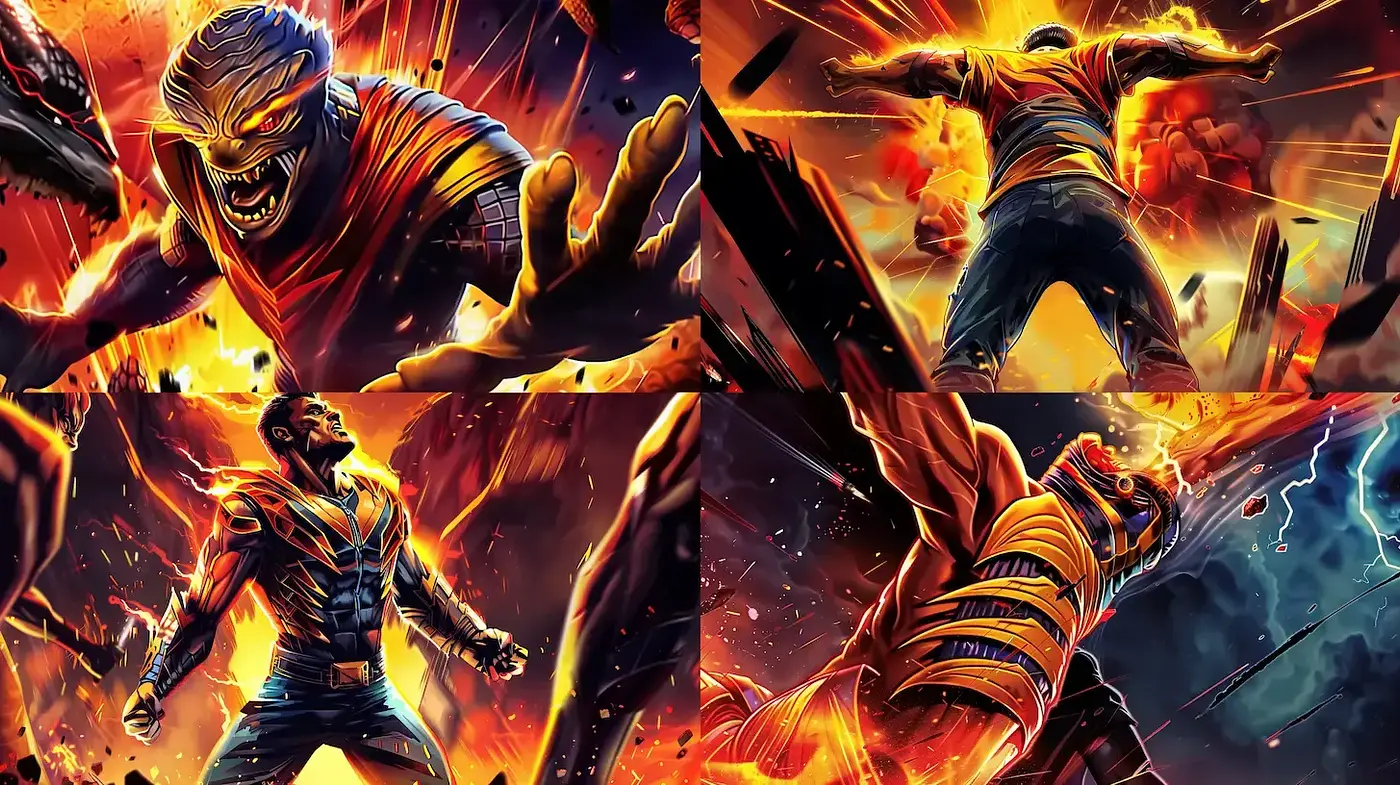 Dynamic and Vivid Action-Packed Illustrations with Fiery Elements - Midjourney sref style