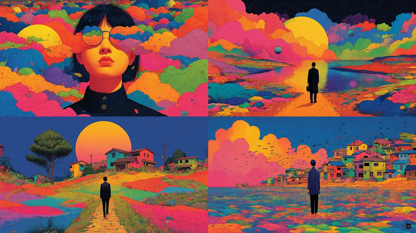 Vibrant Dreamlike Landscape with Ethereal Figures - Midjourney sref style