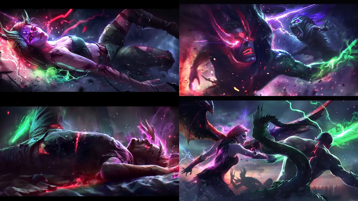 Ethereal Neon Battle: A Dance of Vivid Hues and Dynamic Energy in Digital Art - Midjourney sref style