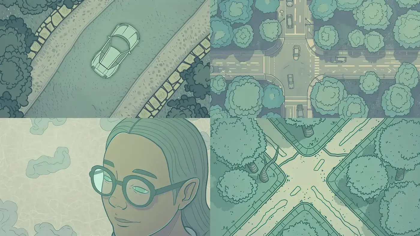 Stylized Illustrations with a Calming Aesthetic and Unique Perspectives - Midjourney sref style